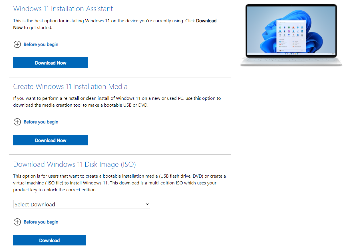 Windows 11 installation and download options on webpage.